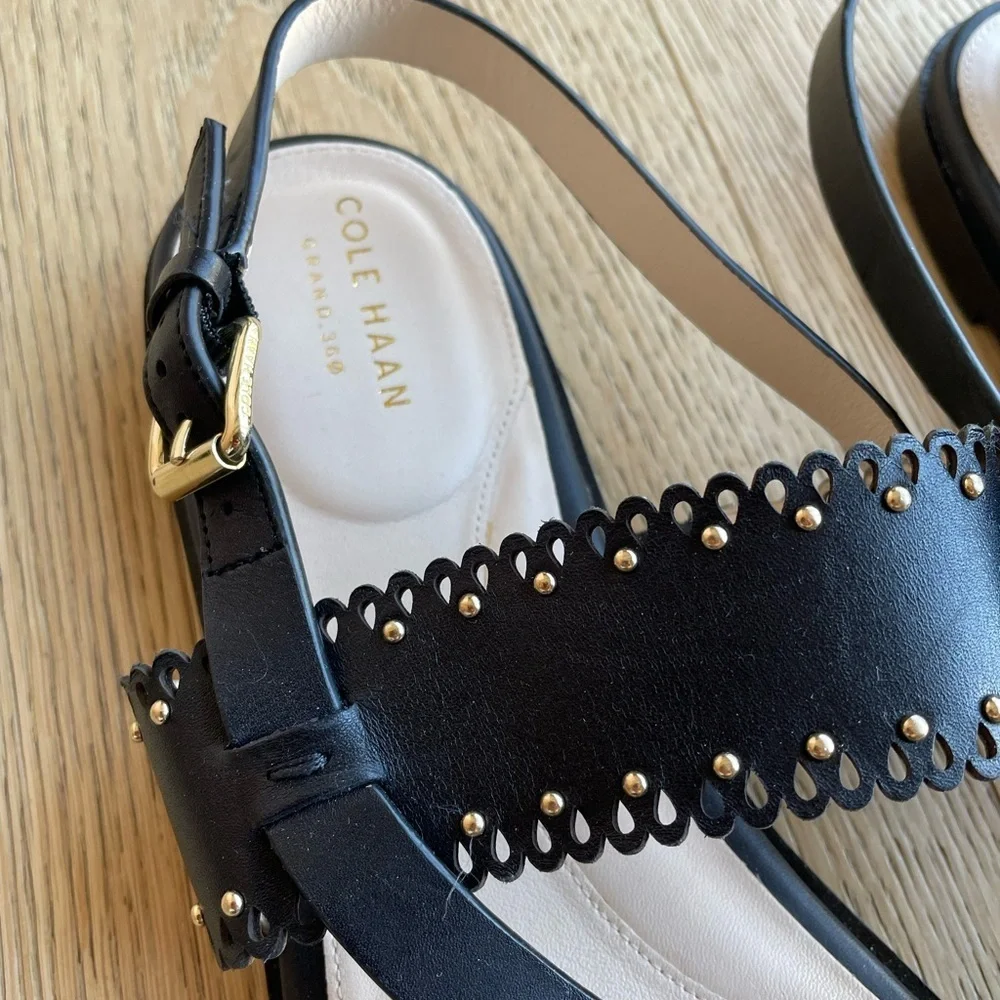 Cole Haan Anica Black Scalloped Studded Leather Thong Slingback Sandals 11B